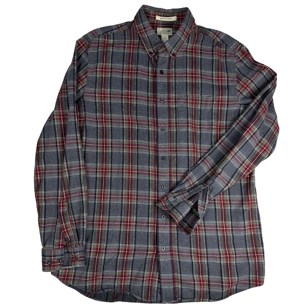 LL Bean Mens Flannel Shirt L Tall Gray Red Plaid Slightly Fitted Cotton 298188